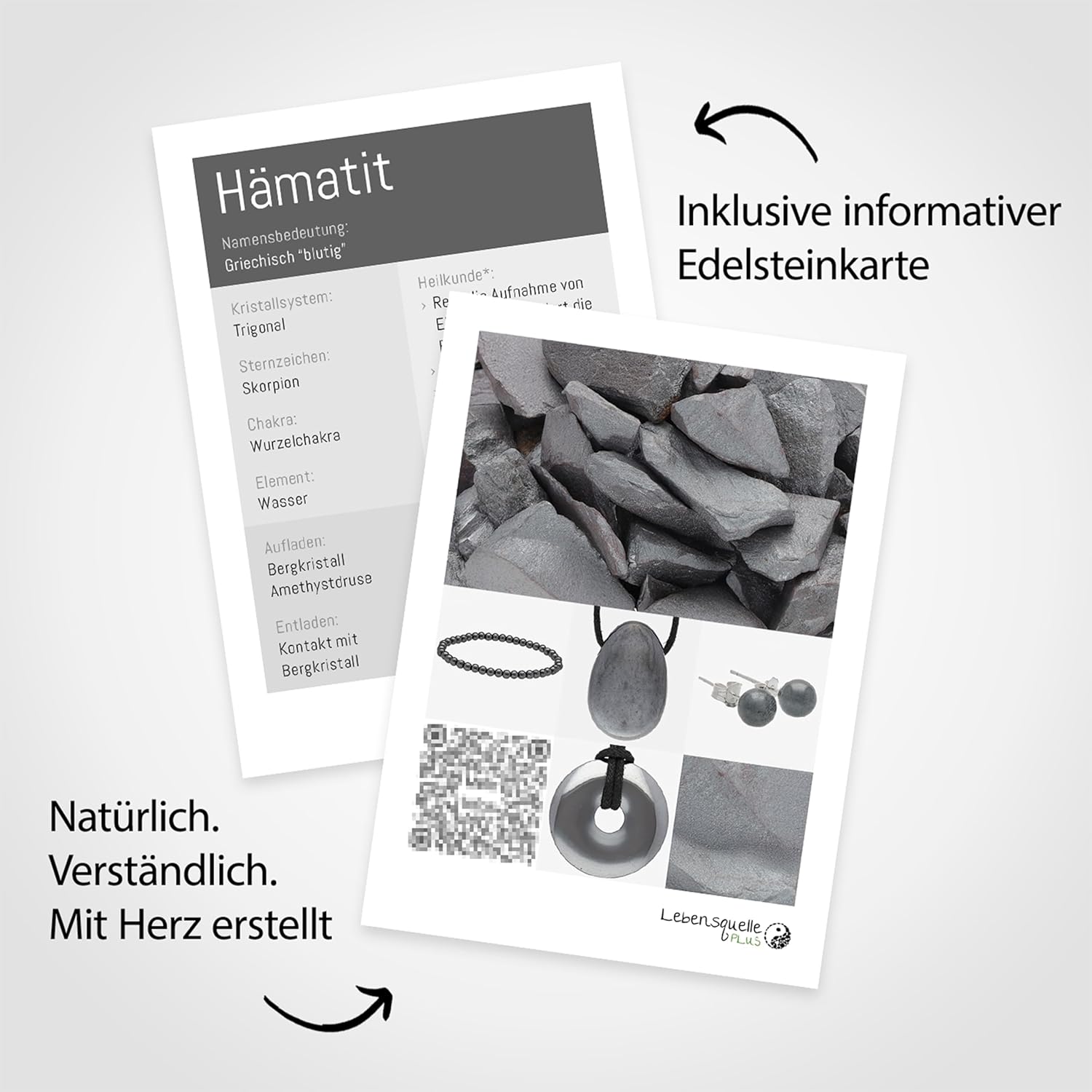 Hematite Gemstone Disc Stone 3-5 cm + Gemstone Card | Worry Stone Pocket Stone Massage Stone Lebensquelle Plus