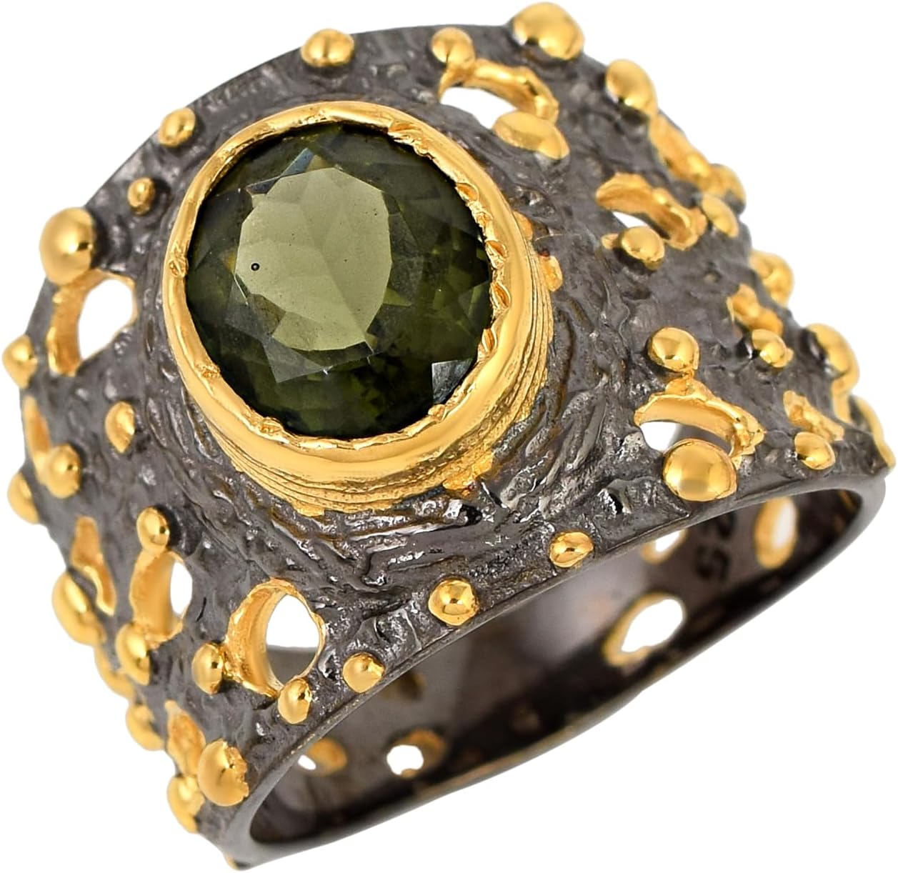 Stapelbarer Moldavit-Lünettenring, oval, grüner facettierter Stein, 10 x 8 mm, handgefertigt, Statement, stapelbar, Modeschmuck, Geschenk für Damen und Herren, U1/2, 63 (20,10)