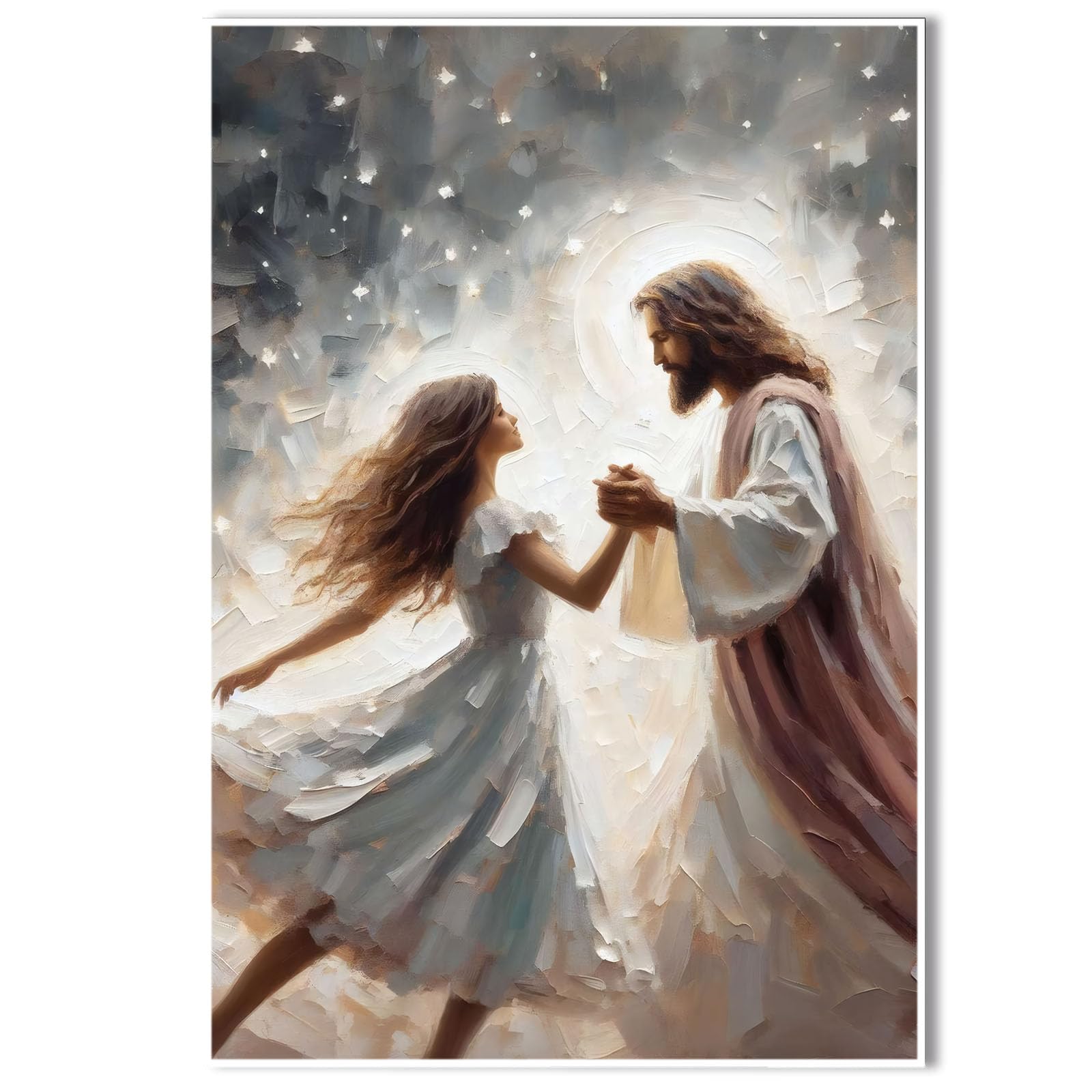 Jesus canvas painting spiritual artwork featuring a girl in a flowing white robe happily playing in a warm field of golden daisies. Adds a vibrant atmosphere to your home's sacred wall decor