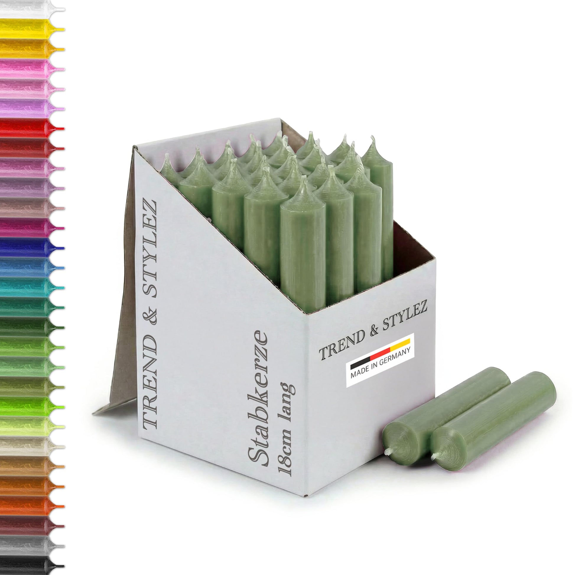 25 Stabkerzen 180mm x 22mm | Durchgefärbte Spitzkerzen | 8+ Stunden Brenndauer | Made in Germany - Ohne Tropfen & Rußen | RAL-Zertifizierte Tafelkerzen unparfümiert (Grün)