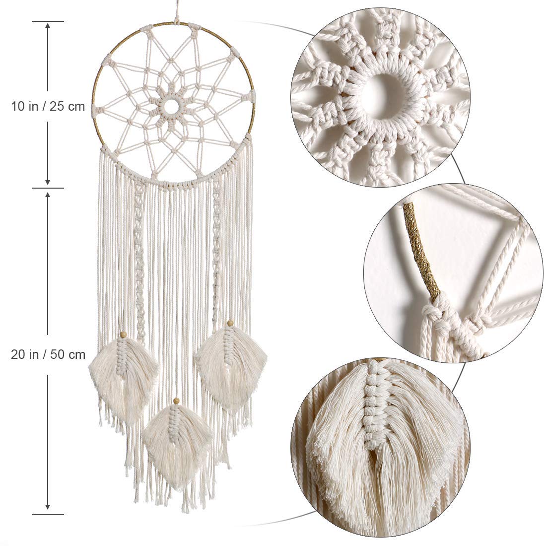 LOMOHOO Makramee Traumfänger Wandbehang Gewebte Feder Wandbehang Handgemachter Traumfänger Boho Quasten Dekoration Wohnkultur Ornament Bastelgeschenk für Schlafzimmer Wohnzimmer（kein Licht）