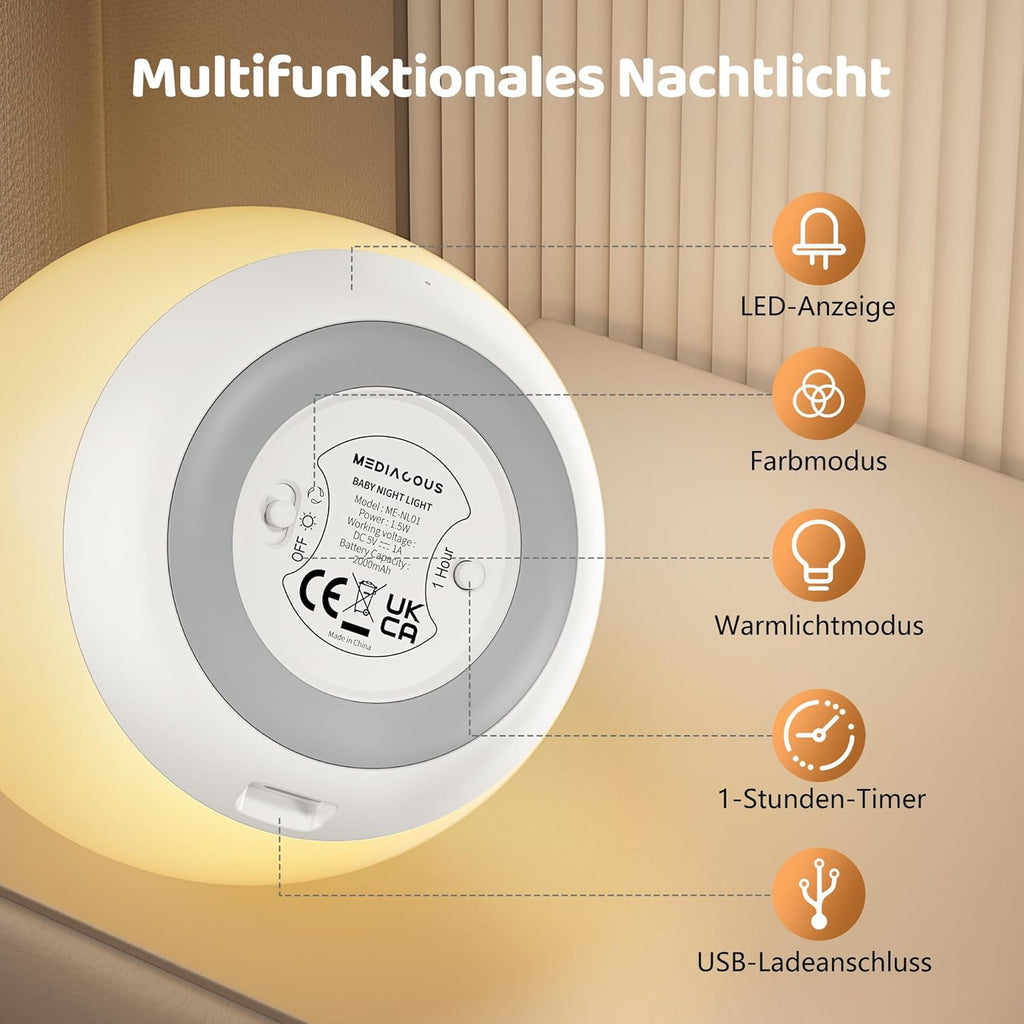 MediAcous Night Light, Night Lamp, Children's / Baby Night Light with 8 Colours & Nursing Light, Dimmable, USB LED Night Light with 1H Timer & Touch, Decoration for Baby and Toddler's Room Night Light
