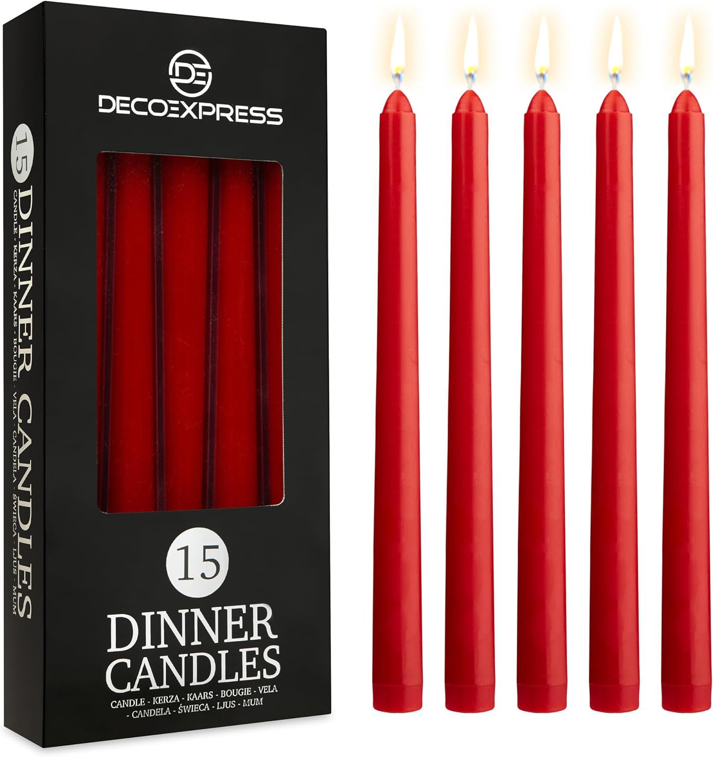 DECO EXPRESS Taper Candles Set of 6, 10, 15 or 50, Long Burning Time up to 8 Hours, Odourless (Purple, Set of 15)
