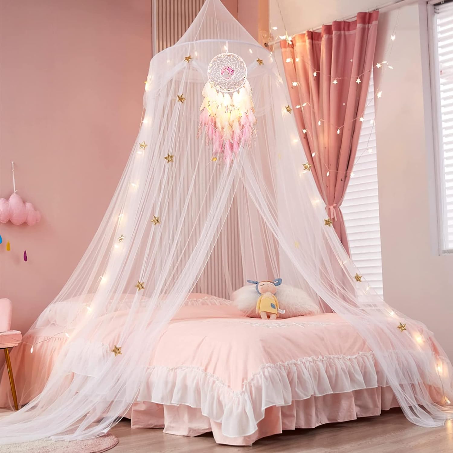 Hongyans Traumfänger mit LED Licht Handgefertigt Dreamcatcher mit Federn Böhmen Dekoration für Schlafzimmer Hochzeit Wandbehang Ornament Mädchen Kinder Geschenk