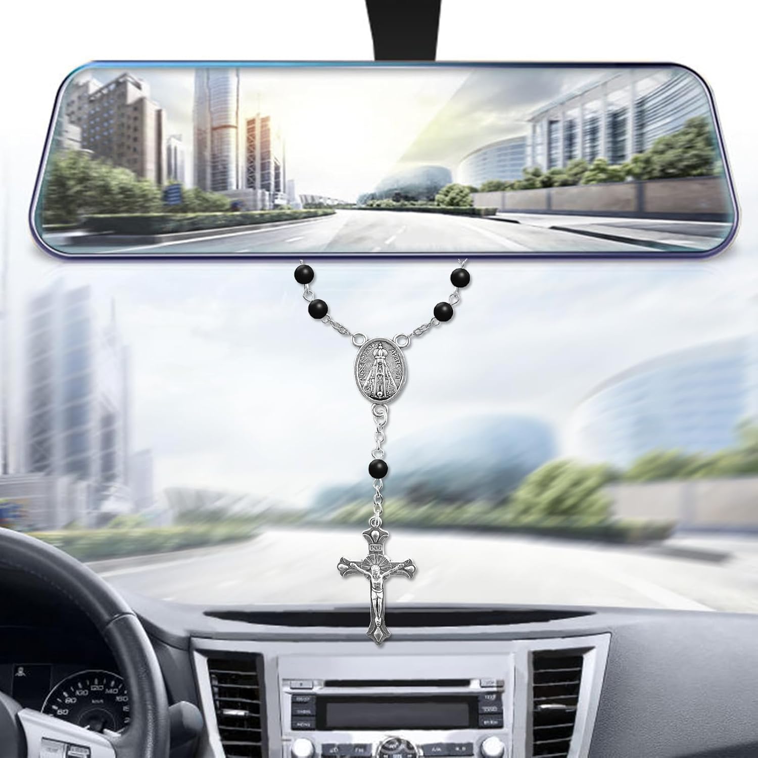 Autorosenkranz Katholisch Anhänger Für Spiegel mit Heiliger Christophorus Schlüsselanhänger Samt Geschenkbeutel Gebetskette Christlich Auto Schutzpatron Autofahrer Auto-Hängezubehör Für Damen Herren