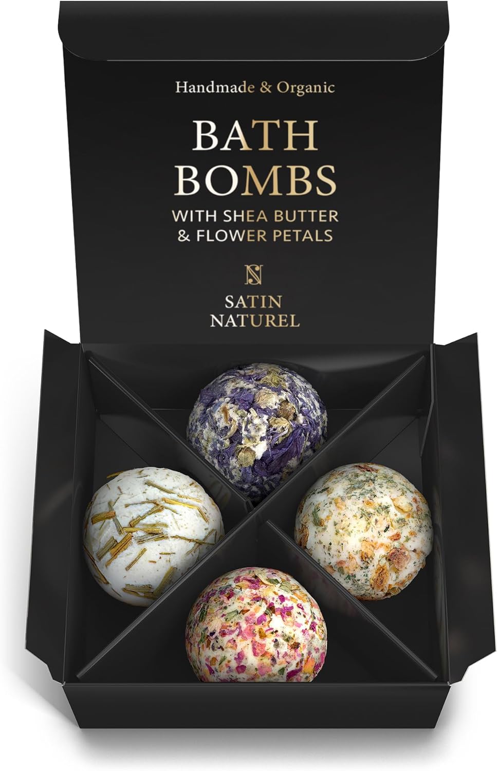 Satin Naturel 4 Luxuriöse BIO Badebomben Vegan - Wellness Geschenke für Frauen - Premium Badekugeln - Geburtstagsgeschenk für Frauen - Luxus-Geschenkbox Naturkosmetik