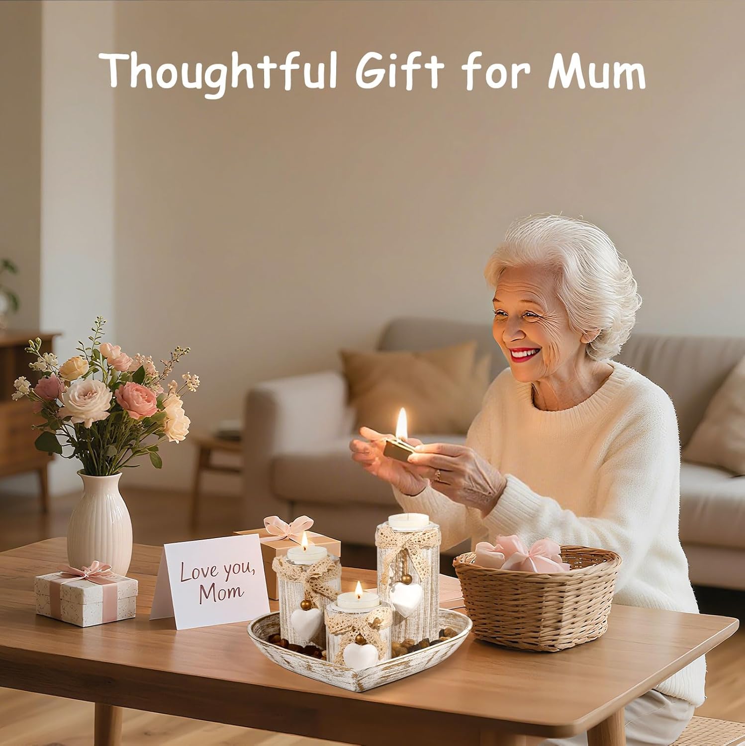 GoMaihe Holz Teelichthalter mit Tablett: 3-teiliges Kerzenständer-Set aus für Hochzeits- und Esstischdekoration, Geburtstagsgeschenk für Mama, romantische Wohndeko, Herzform