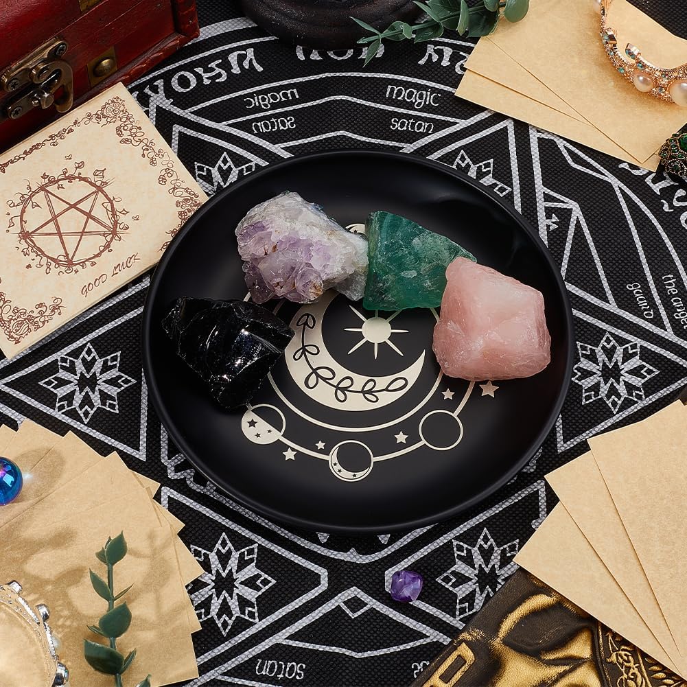 CREATCABIN Phase Moon Star Opferschale Altar Ritualplatte Edelstahl Flache Schale Rundes Tablett Gebetsschale Kerzenhalter Mit Karte Schwarze Schmuckschale Zum Räuchern Räuchergefäß Dekoration 14cm