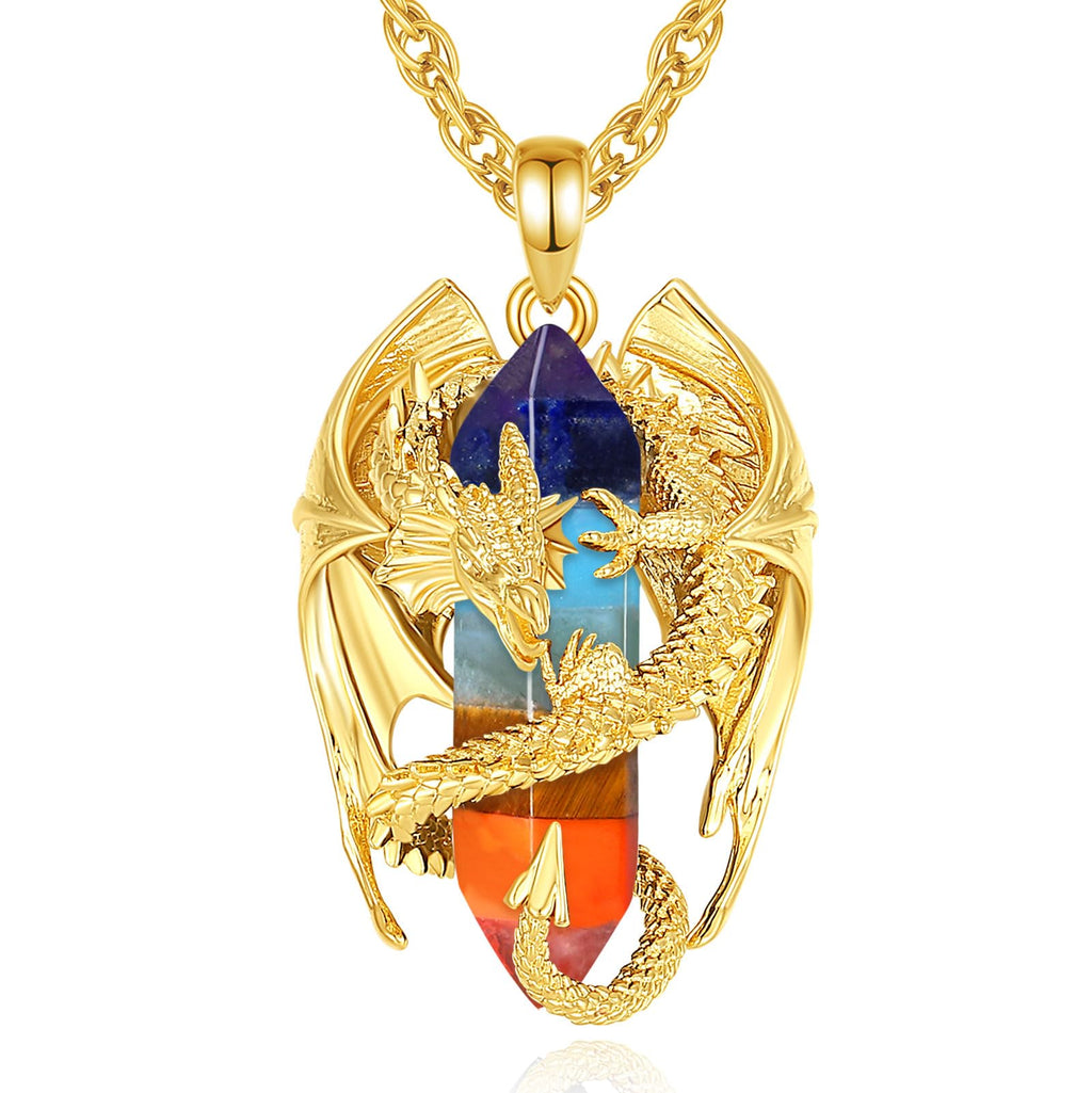 INFUSEU Kristall Drachen Kette, Nordischer Drache Gewickelter Zylinder Edelstein Kristall Anhänger Sechseckiger Heilkristall Anhänger Gothic Naturkristall-Schmuck Geschenk für Männer Frauen