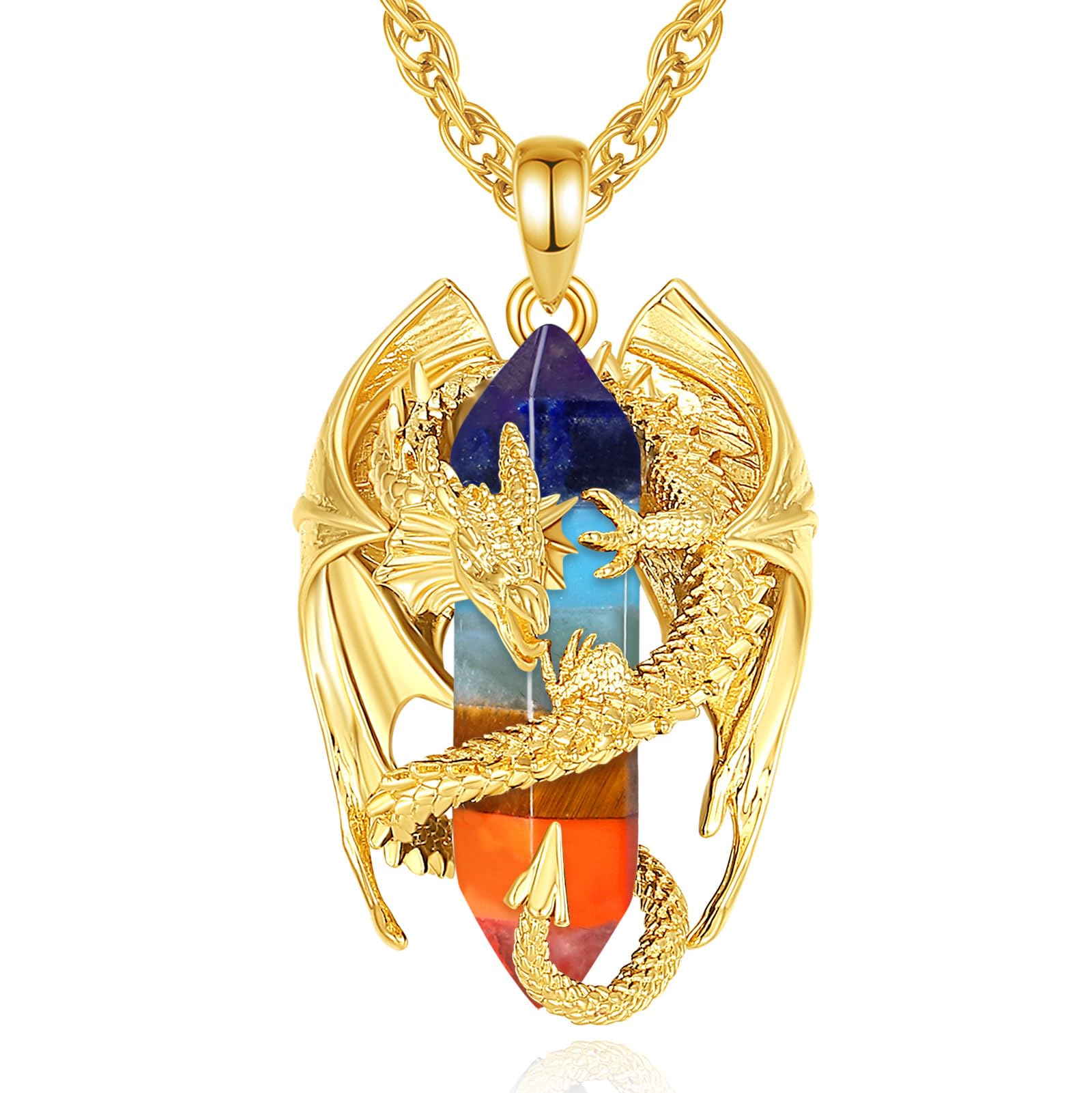 INFUSEU Kristall Drachen Kette, Nordischer Drache Gewickelter Zylinder Edelstein Kristall Anhänger Sechseckiger Heilkristall Anhänger Gothic Naturkristall-Schmuck Geschenk für Männer Frauen