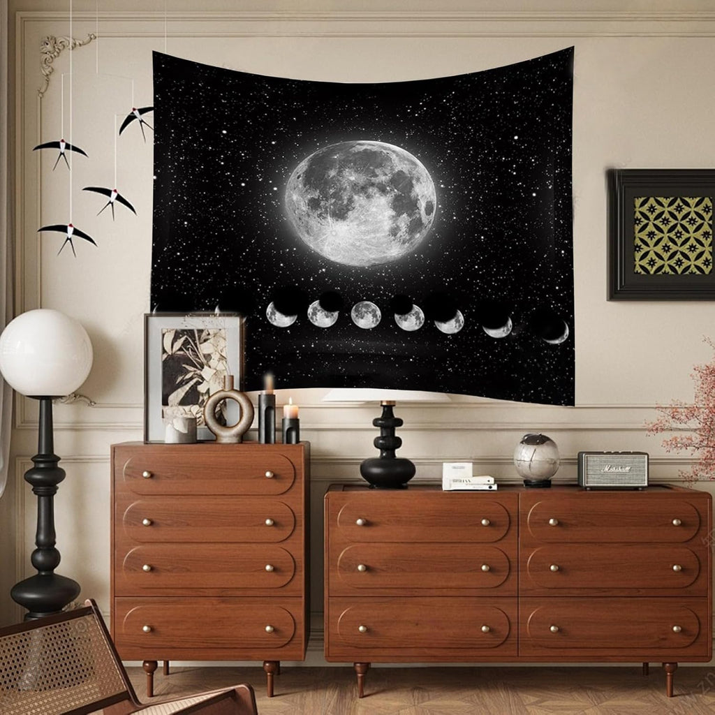 Wandteppich Mondphasen, Schwarz-Weiß-Sonne-Mond-Tapisserie Wandbehang, Mond Wanddeko, Gothic Trippy Tapestry Wandteppiche, Wandtuch Wandbehang Boho Wand Deko, für Schlafzimmer Wohnzimmer(200x150cm)