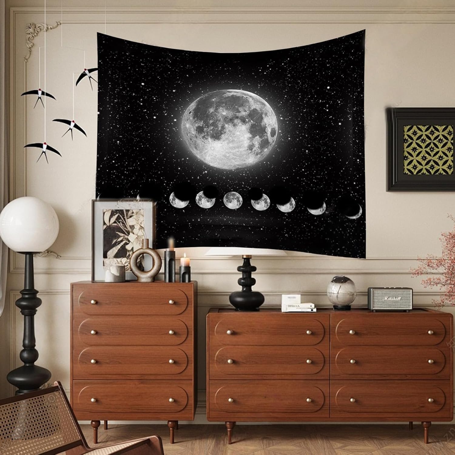 Wandteppich Mondphasen, Schwarz-Weiß-Sonne-Mond-Tapisserie Wandbehang, Mond Wanddeko, Gothic Trippy Tapestry Wandteppiche, Wandtuch Wandbehang Boho Wand Deko, für Schlafzimmer Wohnzimmer(200x150cm)