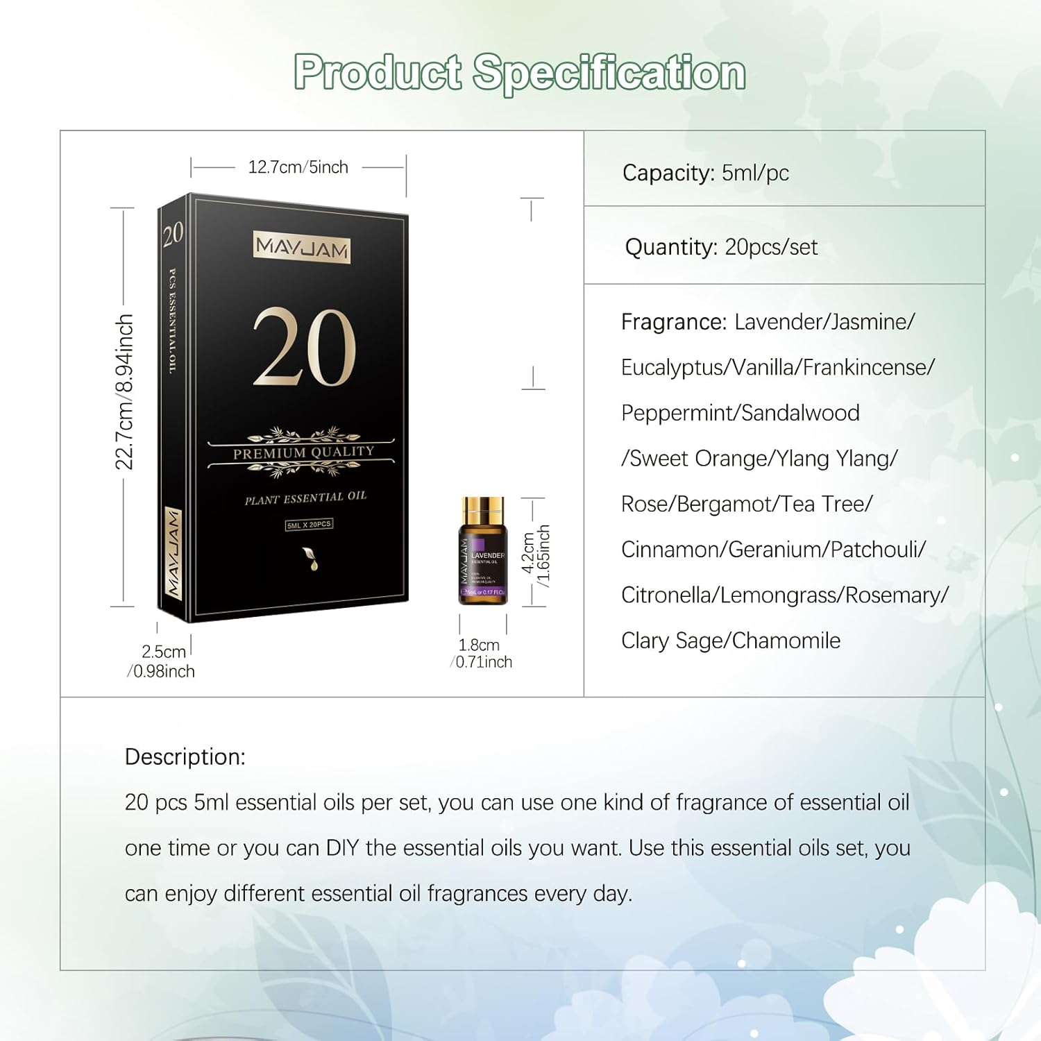 MAYJAM Ätherische Öle Set 20Pcs, Ätherisches Öl Geschenk Set für Diffusor, Luftbefeuchter - Lavendel Jasmin Eukalyptus Vanille Sandelholz Süßorange Rose Bergamotte und Mehr