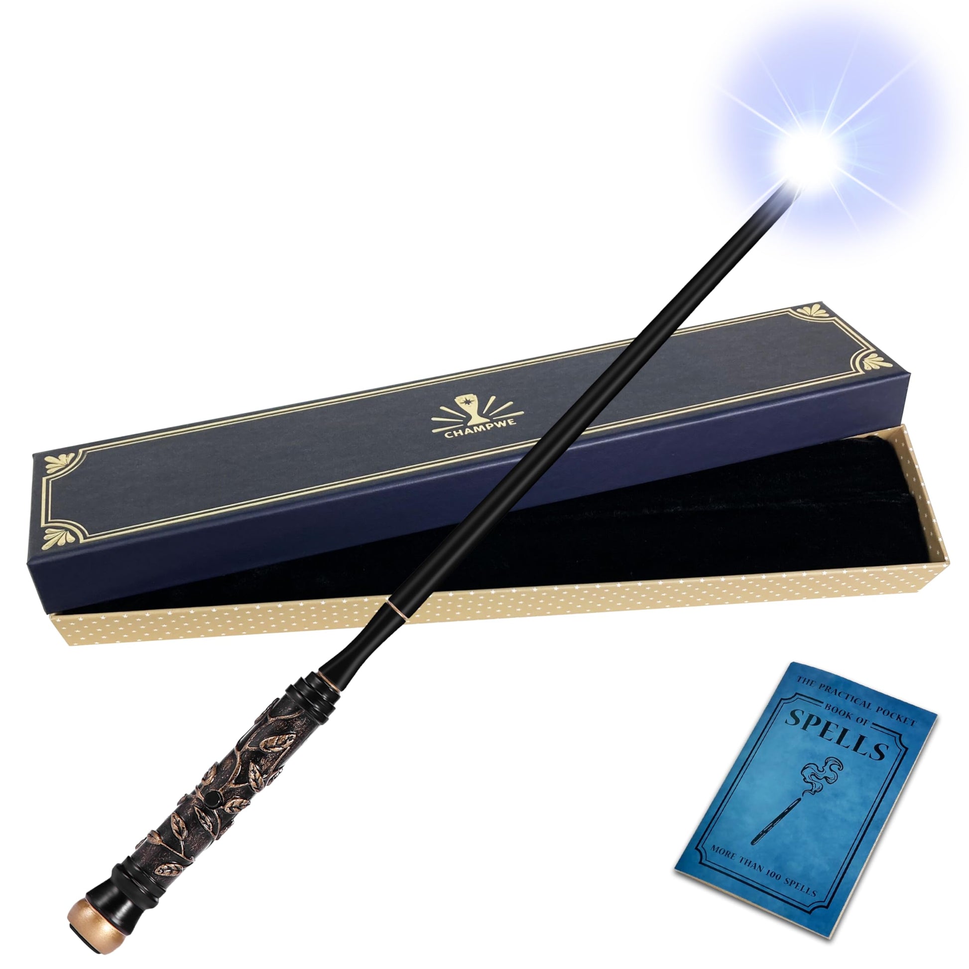 ChampWe Light Up Magic Wizard Wand Rechargeable Illuminating Toy for Kids Witch Collection Cosplay Accessories with Spellbook and Gift Box (Ivy)