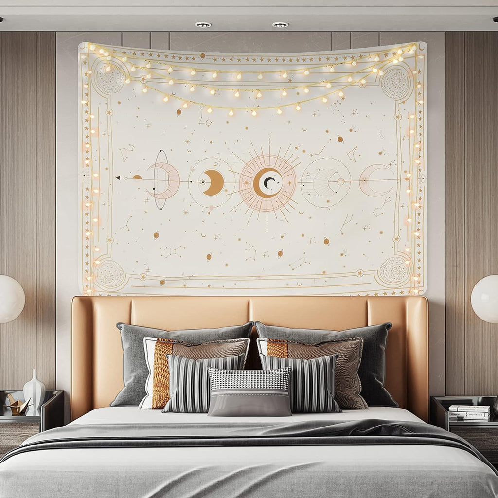 Yugarlibi Mondphasen Wandteppich Mysteriöser Konstellation Sternenhimmel Tarotkarten Wandbehang Ästhetische Retro Astrologie Wandkunst für Schlafzimmer Wohnzimmer Beige 150x130cm