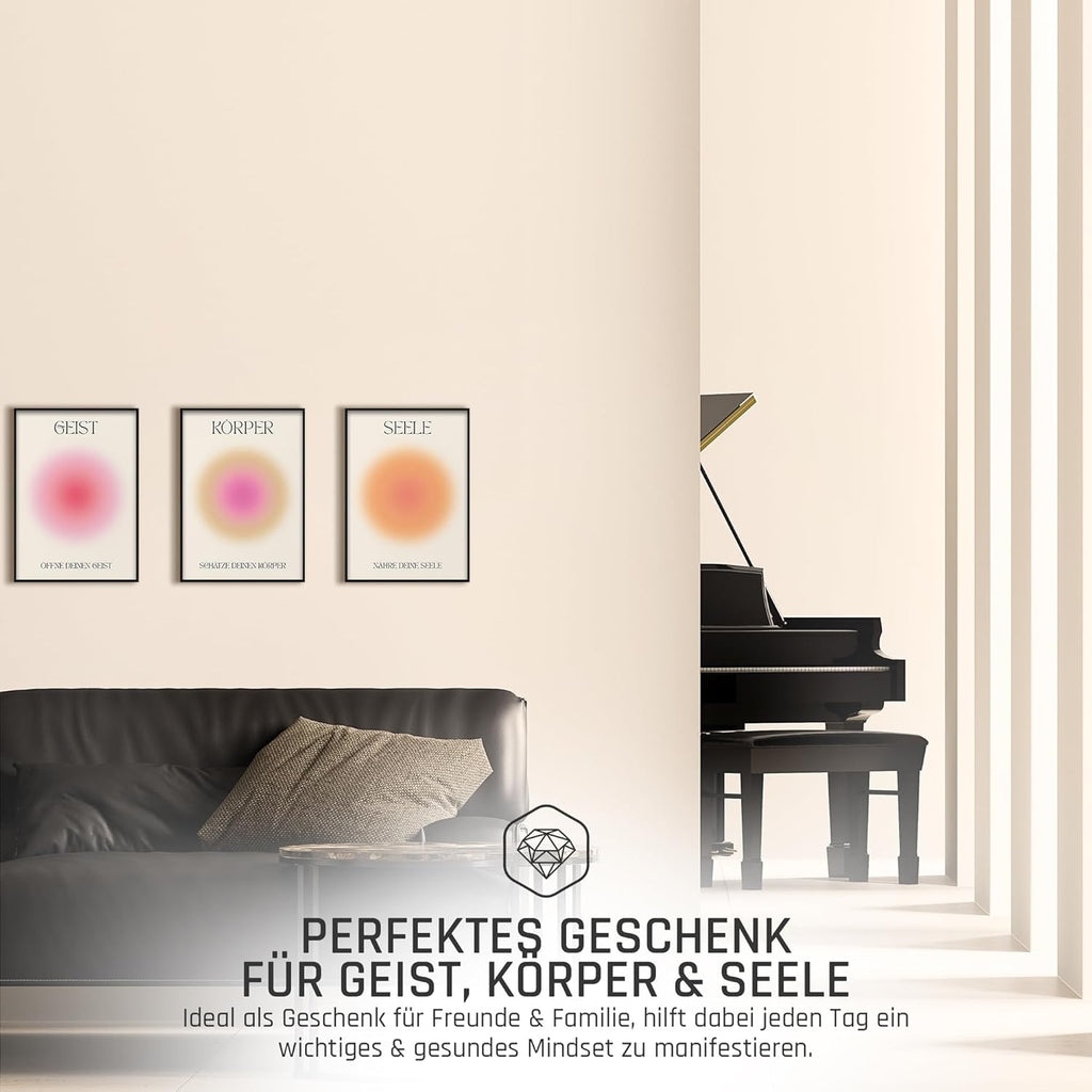 Geist Körper Seele Yoga Poster Set Achtsamkeit Aura Farben Wanddeko Inspirierende Bilder Mindfulness Schlafzimmer Deko Wohnzimmer Dekoration Homeoffice Achtsamkeitsposter (3x A4 | Ohne Rahmen)