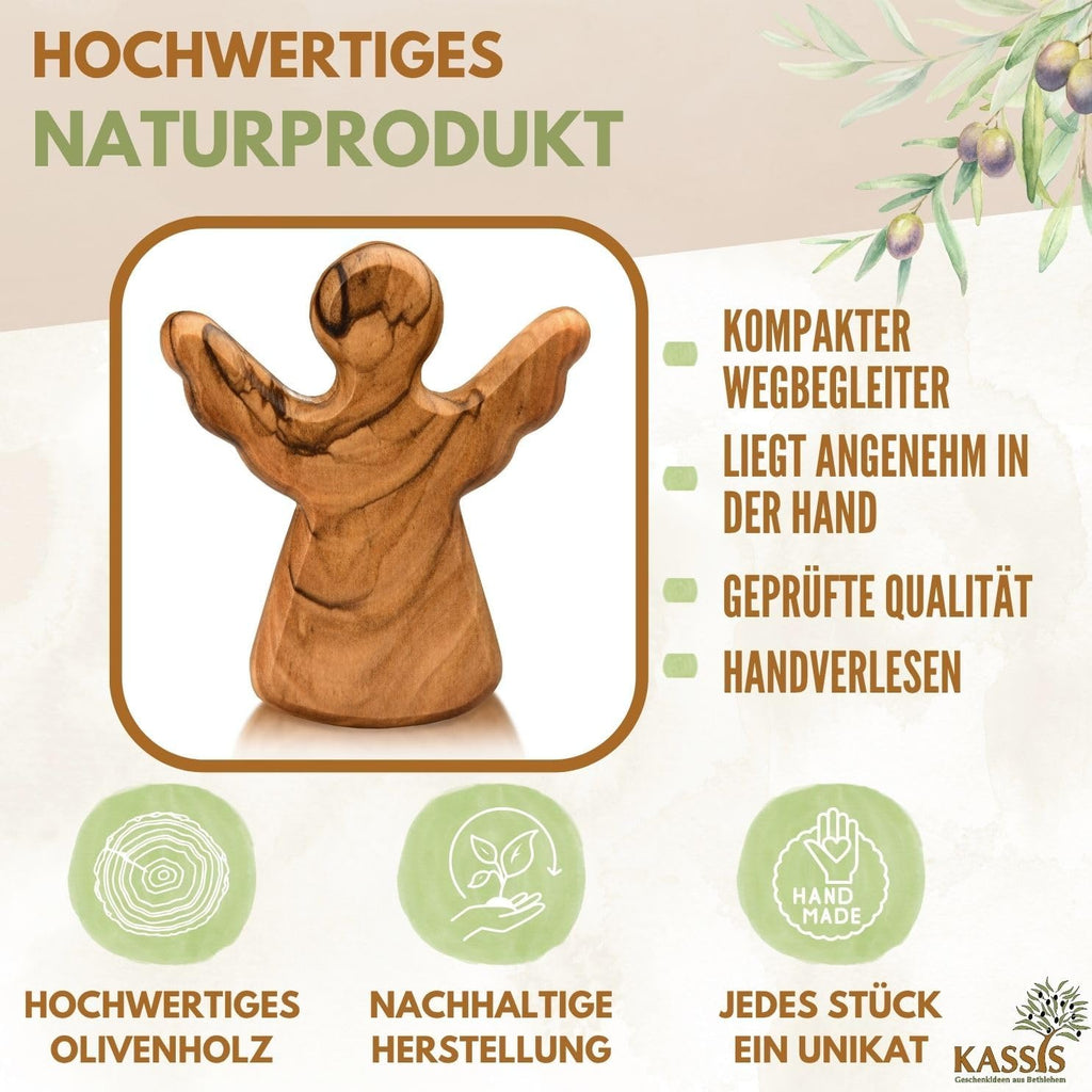 Kassis Geschenkartikel Olivenholz-Schutzengel - Handgefertigte Engel-Figur aus Bethlehem - Schutzengel-Glücksbringer - (ohne Gravur) - (1 Stück)