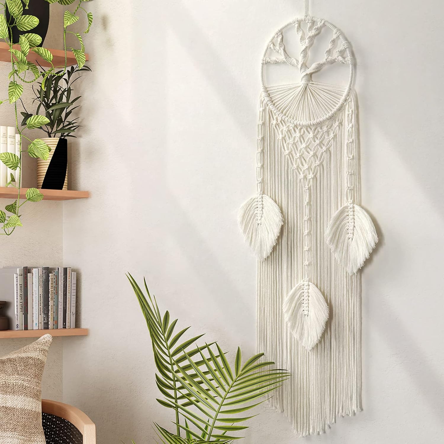 LOMOHOO Tree of Life Dream Catcher, Macrame Wall Hanging, Boho Dream Catcher with Feather Leaf, Bohemian Dream Catcher for Wedding Parties, Bedroom, Children's Room, Cafe, Gypsy Decor