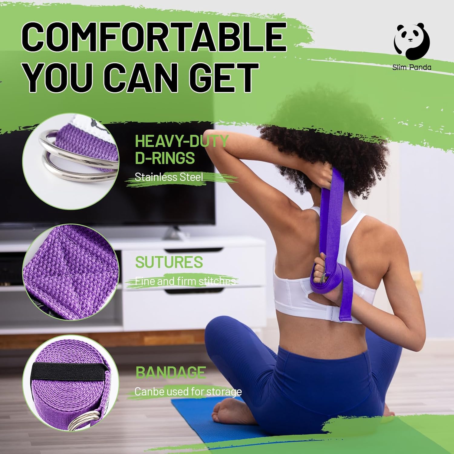 Slim Panda Yogagurt aus Baumwolle - Praktisches Zubehör für Dehnen und Fitness, Band Mit Schiebeschnalle aus Metall für Anfänger & Fortgeschrittene, Mehrere Farben (180/250cm)