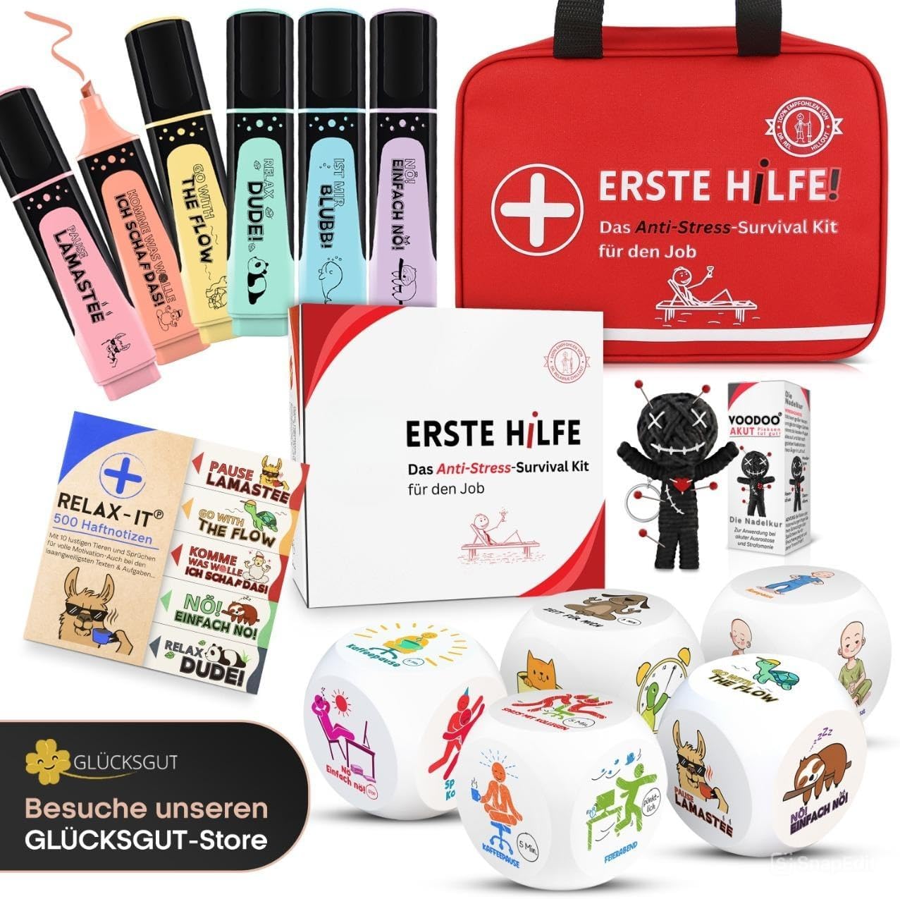 Voodoo Puppe mit Nadeln | 7,5cm | Geschenkbox & Anleitung | Scherz-Medikament | Büro Geschenk für Kollegen Kollegin Chef | Anti Stress | Abschied | Büro Uni Studium