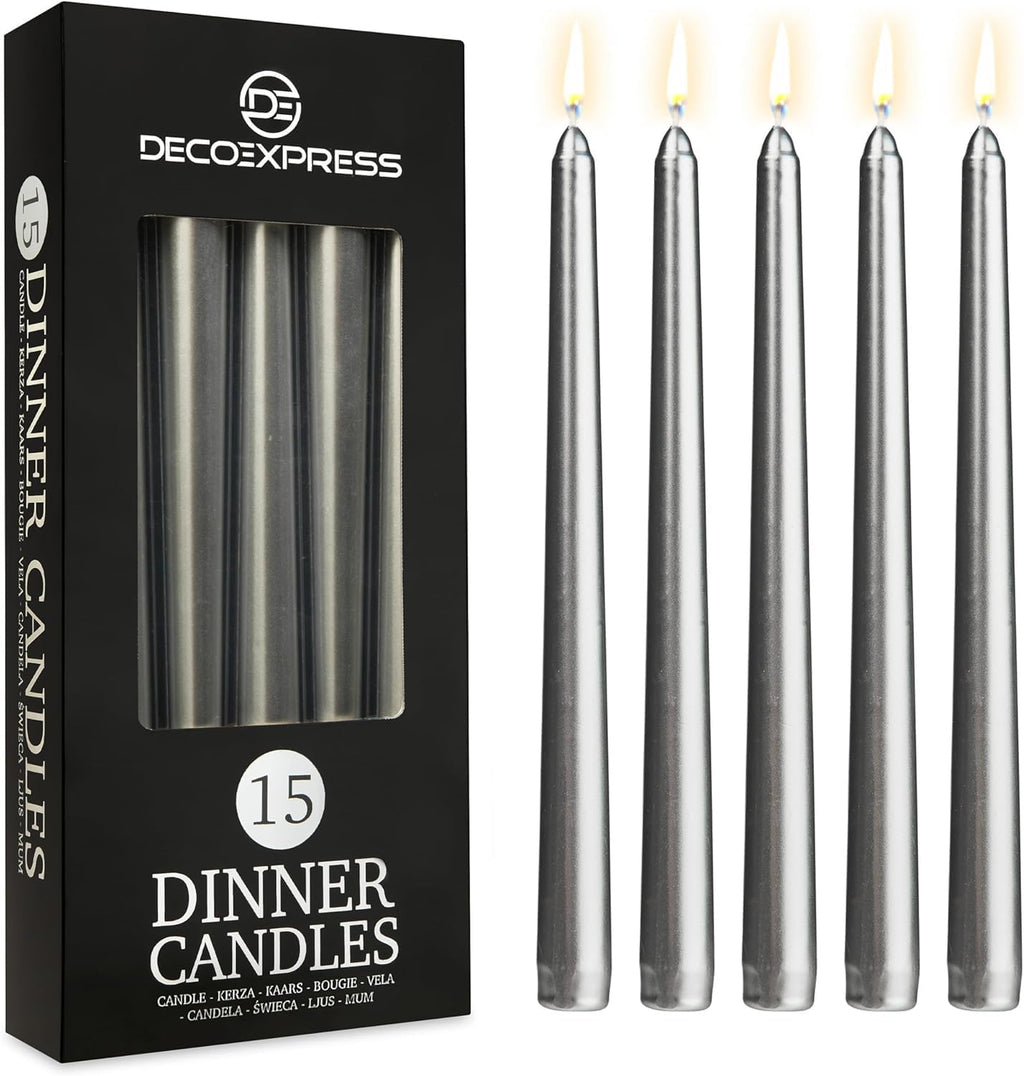 DECO EXPRESS Taper Candles Set of 6, 10, 15 or 50, Long Burning Time up to 8 Hours, Odourless (Silver, Set of 15)