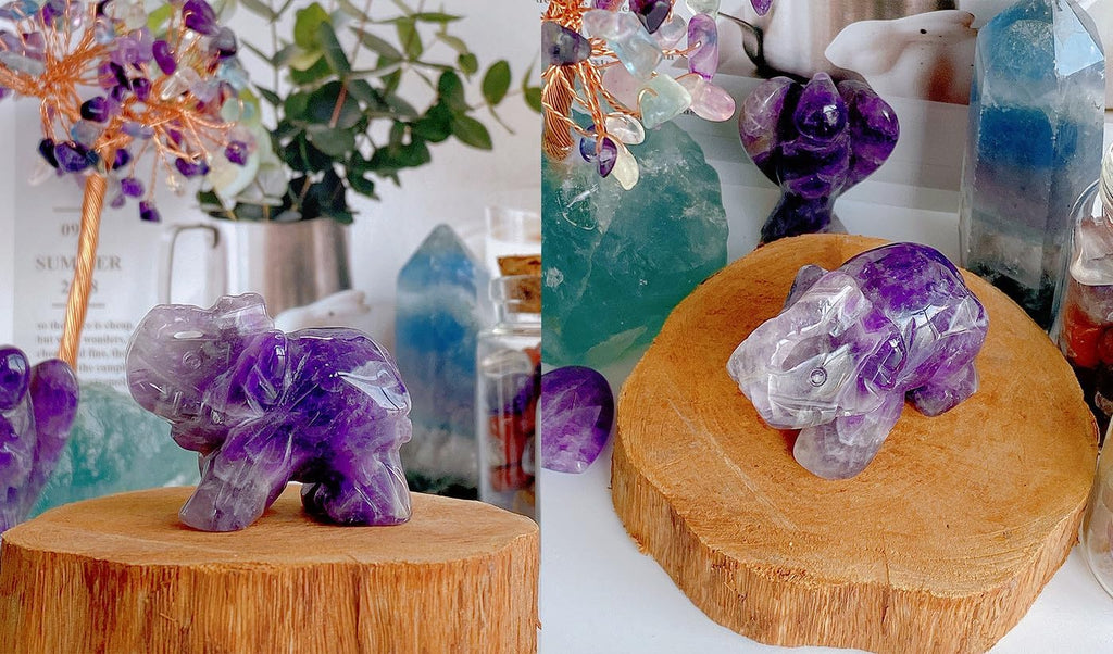QINJIEJIE Amethyst Elephant Decor Statue Crystals Healing Stones Crystal | Pocket Figurines Cute Ivory Wedding Anniversary Sculpture Gemstones Home Office Desk Purple Decor Elephant Gifts for Women