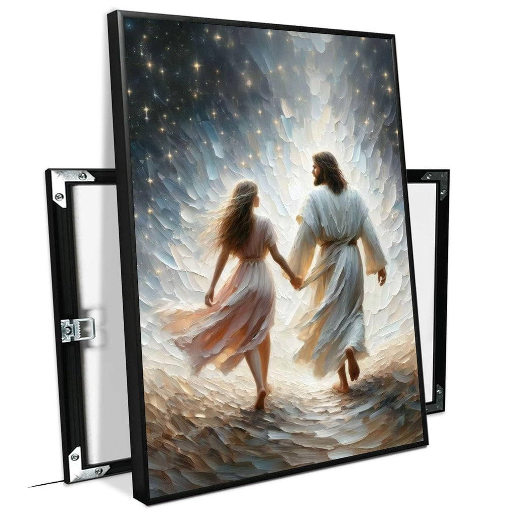 Jesus canvas painting spiritual artwork featuring a girl in a flowing white robe happily playing in a warm field of golden daisies. Adds a vibrant atmosphere to your home's sacred wall decor