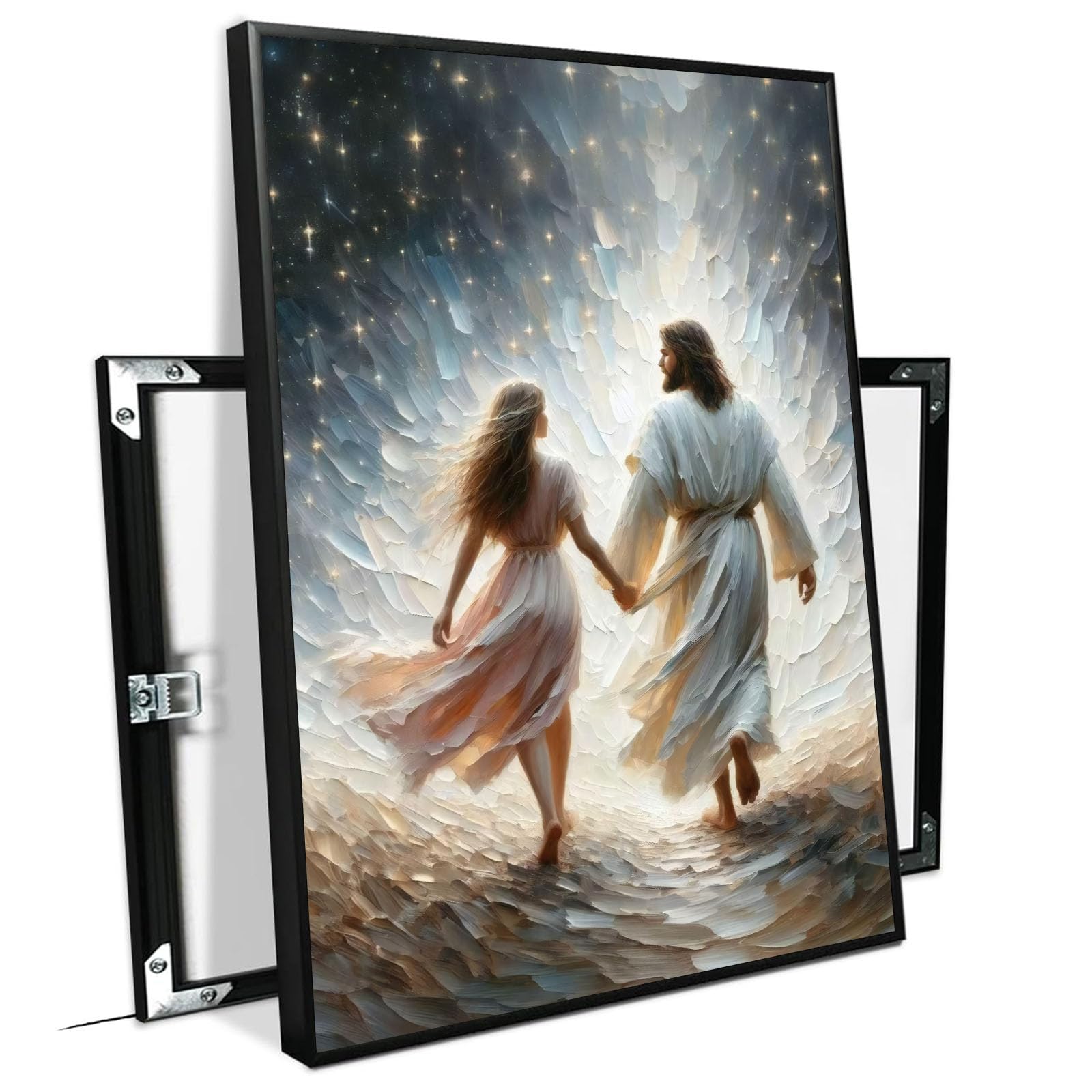 Jesus canvas painting spiritual artwork featuring a girl in a flowing white robe happily playing in a warm field of golden daisies. Adds a vibrant atmosphere to your home's sacred wall decor