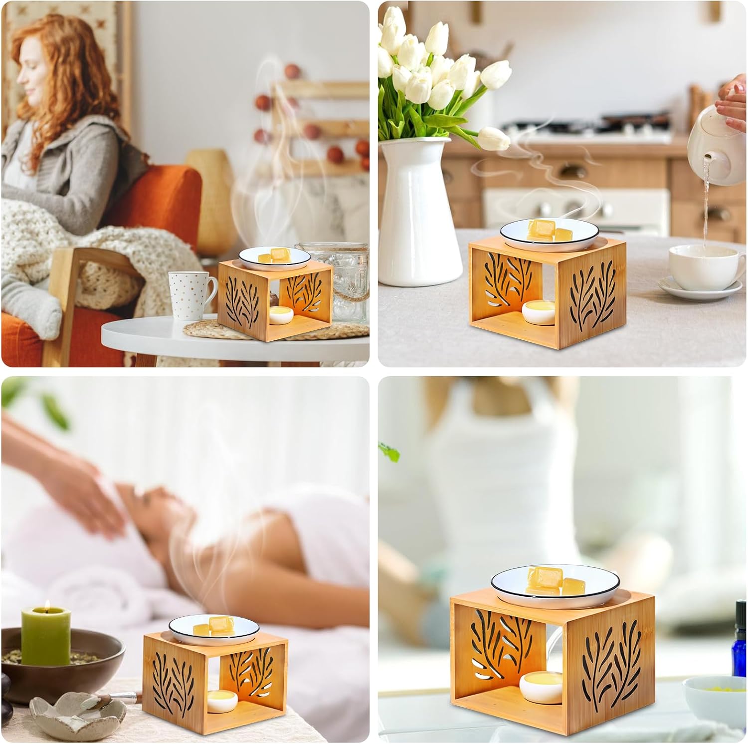 Duftlampe für ätherische Öle, Aromalampe aus Keramik/Bambus, Duftlampe Teelicht mit Teelichthalter, Stövchen für ätherische Öle, Duftlampe Bambus für Zuhause, Dekoration, Yoga, Schlafzimmer