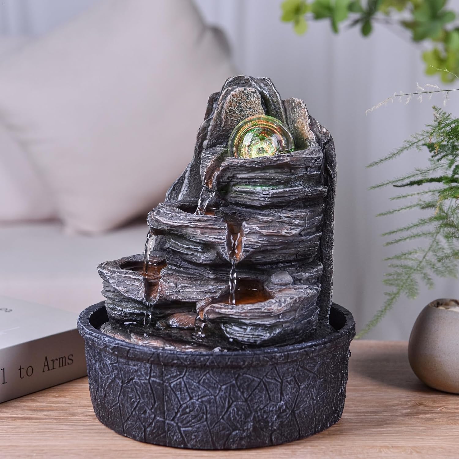 Luberon Zen'Light Indoor Fountain Waterfall Natural Stairs Stone Effect Colourful Light Gift Idea Interior Decoration in Motion Zen Table Fountain Relaxing Lucky Charm Object H 25 cm
