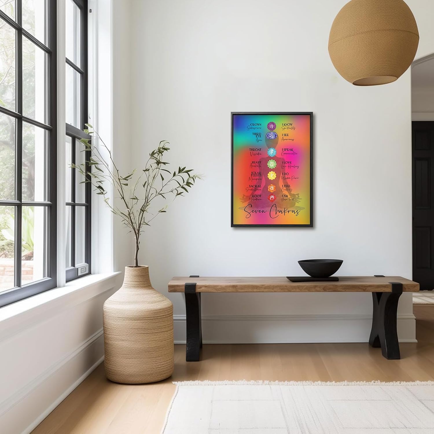Framed 7 Chakra Chart Yoga Canvas Wall Art Zen Reiki Infographic Energy Healing Wall Decor Picture Spiritual Meditation Poster Print for Yoga Meditation Room Zen Office Home Decoration 12x16in
