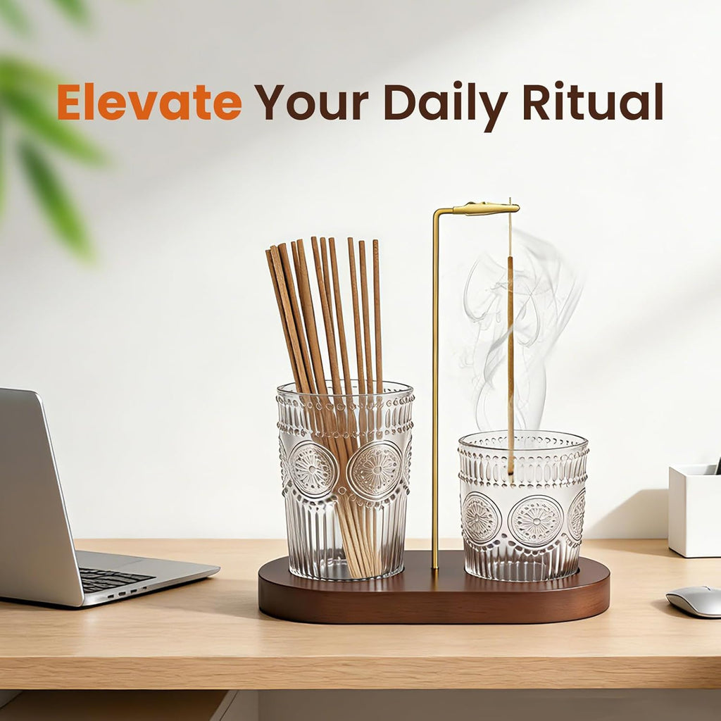 2 in 1 Incense Holder for Sticks, Vintage Glass Incense Burner | Upside Down insence-stick holder, Ash Catcher & Solid Wood Base, Anti-Ash Flying Catcher for Meditation, Yoga, Spa & Home