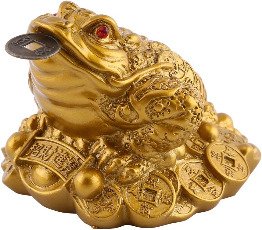 Lucky Money Frog/Toad, Feng Shui Toad/Frog Treasure Basin Statue With Coin Attract Wealth and Good Luck, Feng Shui Decoration(65×60×50mm-Brass)