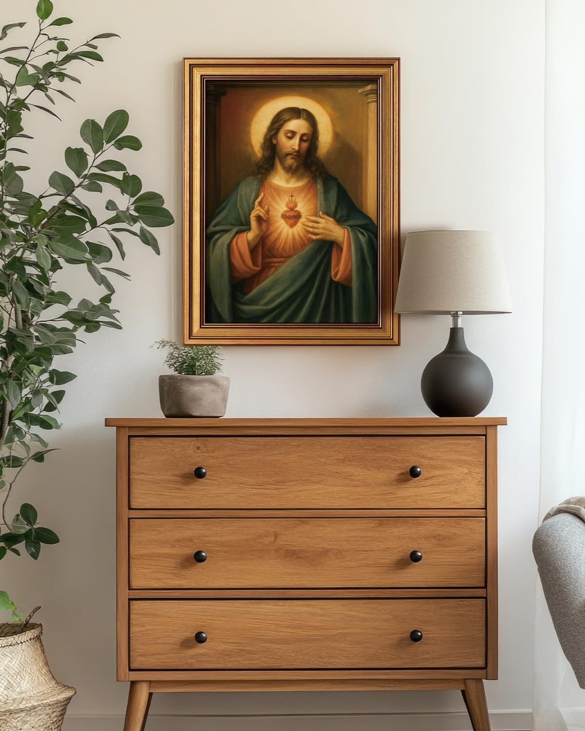 Vintage Sacred Heart of Jesus Christ Canvas Gold Framed Wall Art, 12x16 Inch Religious Oil Painting Artwork, Christian Art Print for Home Living Room Spiritual Spaces Decor