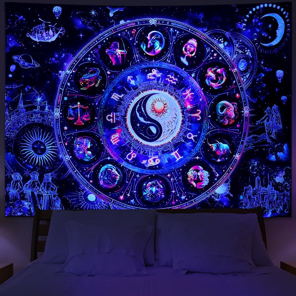 Lahasbja Blacklight Constellation Tapestry UV Reactive Sun and Moon Tapestries Spiritual Zodiac Astrology Wall Tapestries Galaxy Wall Decor Mystic Yin Yang Wall Hanging for Bedroom