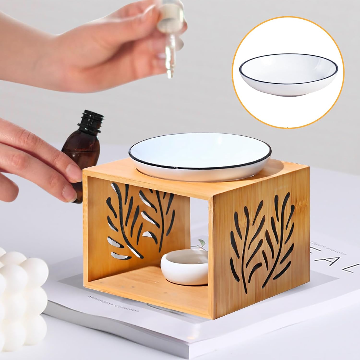 Duftlampe für ätherische Öle, Aromalampe aus Keramik/Bambus, Duftlampe Teelicht mit Teelichthalter, Stövchen für ätherische Öle, Duftlampe Bambus für Zuhause, Dekoration, Yoga, Schlafzimmer