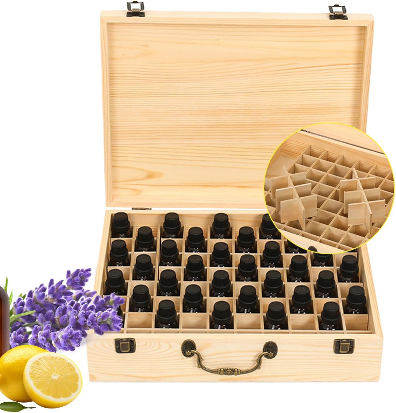 80 Löcher Ätherisches Öl Halter Regal aus Holz Aufbewahrungsbox Drehbarer Präsentationsständer Display Box Organisator, Tragbar Holz Aromatherapie Ätherische Öle Flaschen Koffer mit Deckel