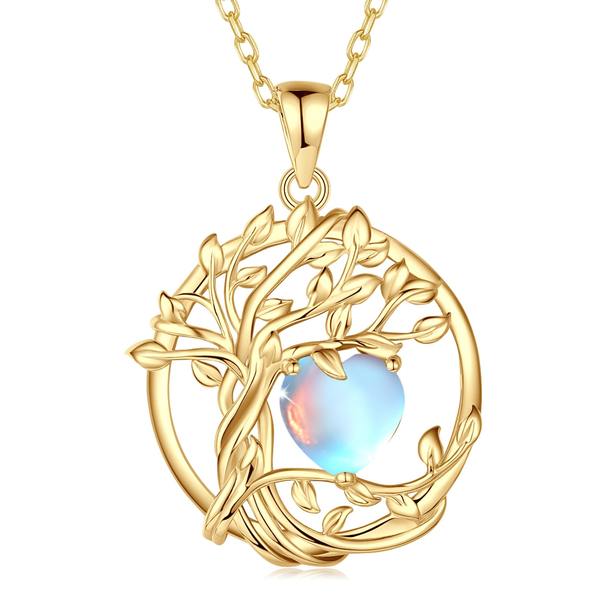 FANCIME Lebensbaum Geburtstein Kette für Damen Gelbgold Vergoldet Baum des Lebens Edelstein Anhänger Halskette Schmuck Geschenke für Damen Frauen Mädchen, Kettenlänge: 40+5 cm