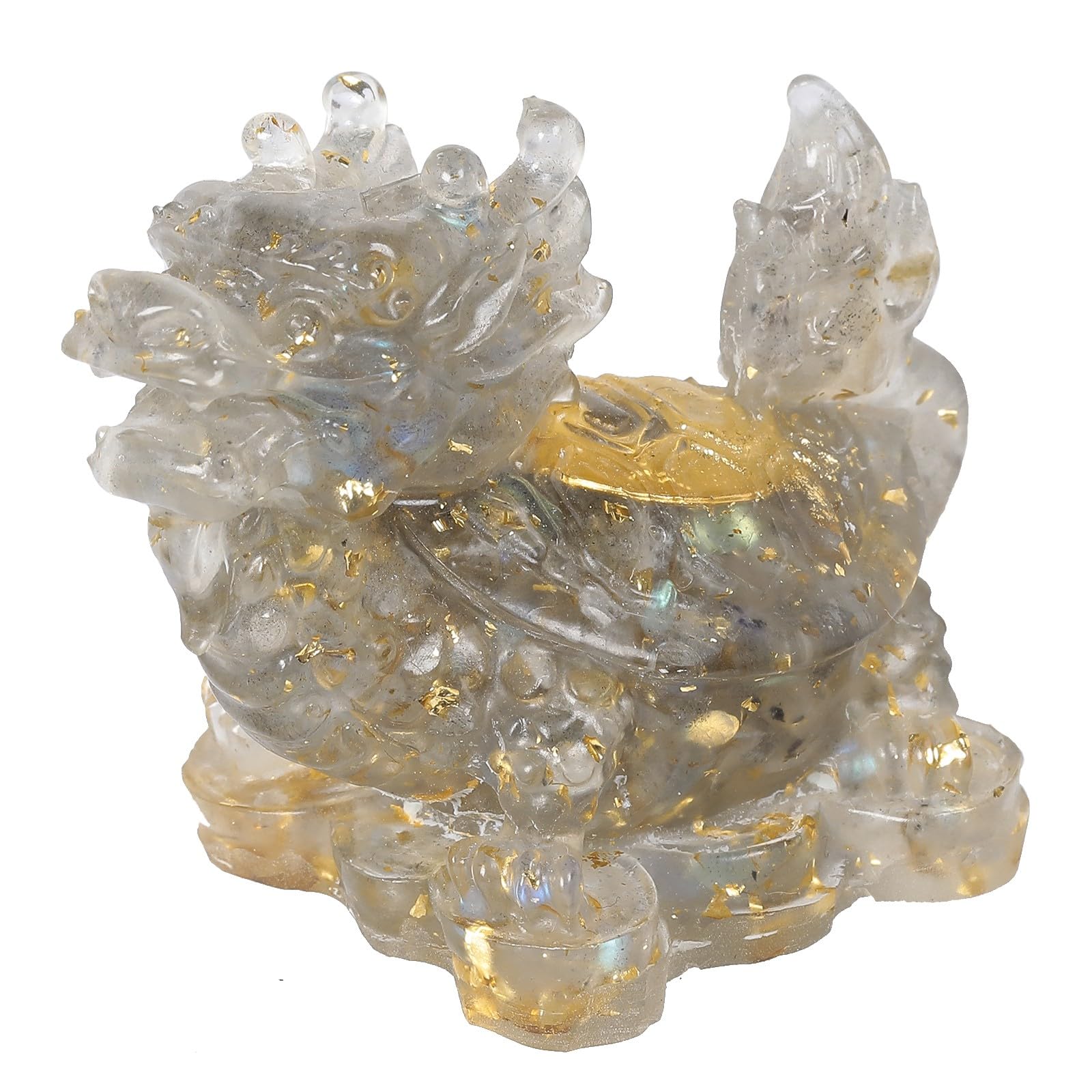 KYEYGWO Aquamarine Kristall Drachen-Schildkröte Figur Deko, Harz Chinesischer Drache Stein Statue Reichtum Goldmünze Skulptur Feng Shui Wohlstand Ornament Glück Sammlerfigur für Haus Büro