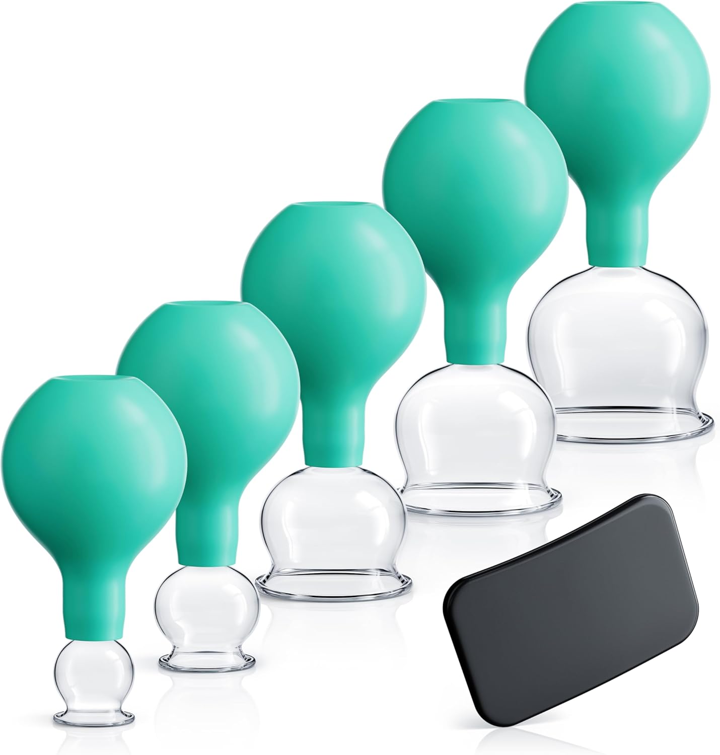KURGLAS Cupping Glasses Made of Real Glass [Pack of 5] - Medical Cupping with Suction Ball and Fascia Scraper - with Strong Suction Power - Cupping Set with E-Book - Against Tension & Cellulite