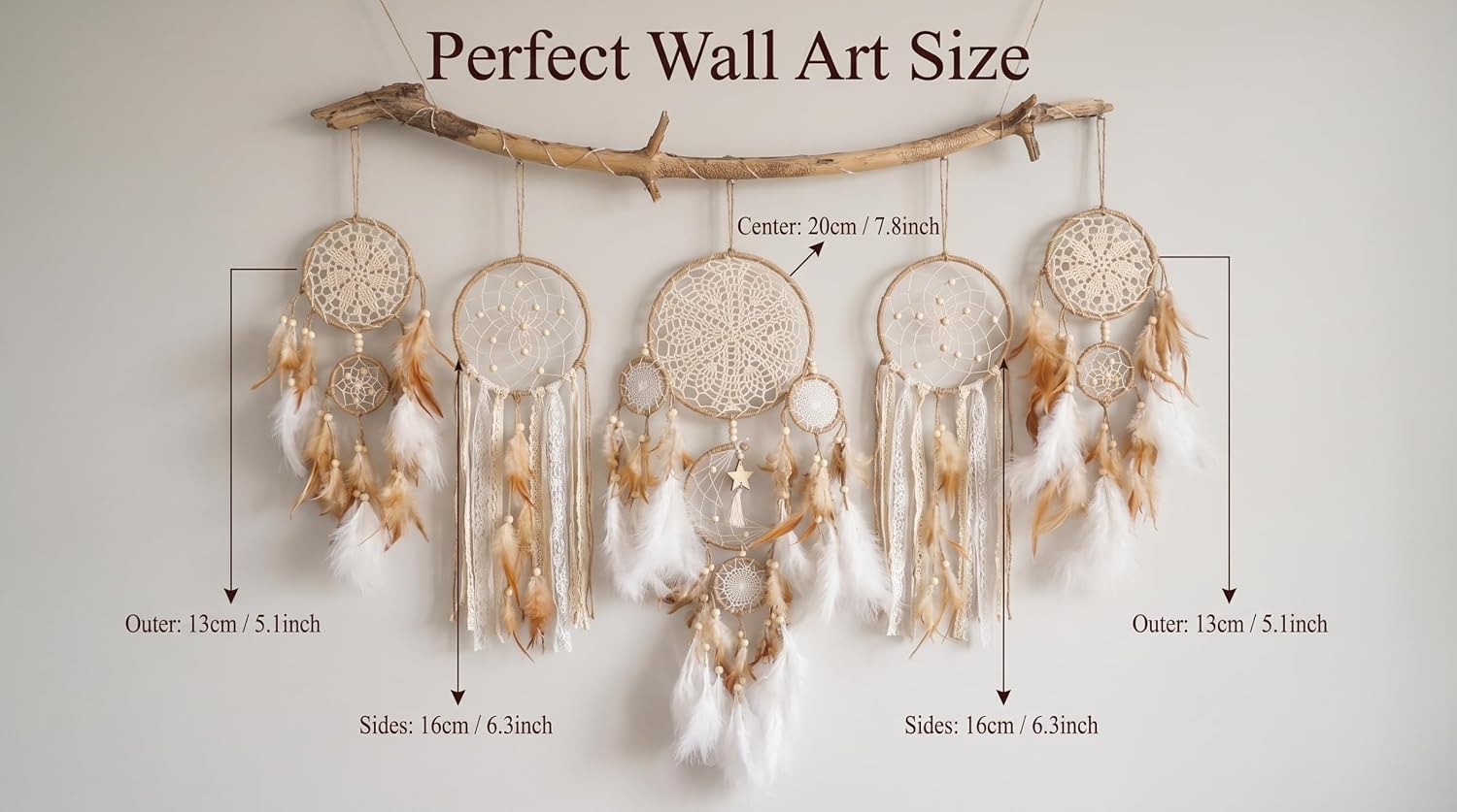 5 Pack Moon Phase Dreamcatcher Set Boho Wall Decor, Boho Macrame Wall Hanging Dream Catchers, for Home, Bedroom, Living Room, Witchy Gifts (Hemp Rope)
