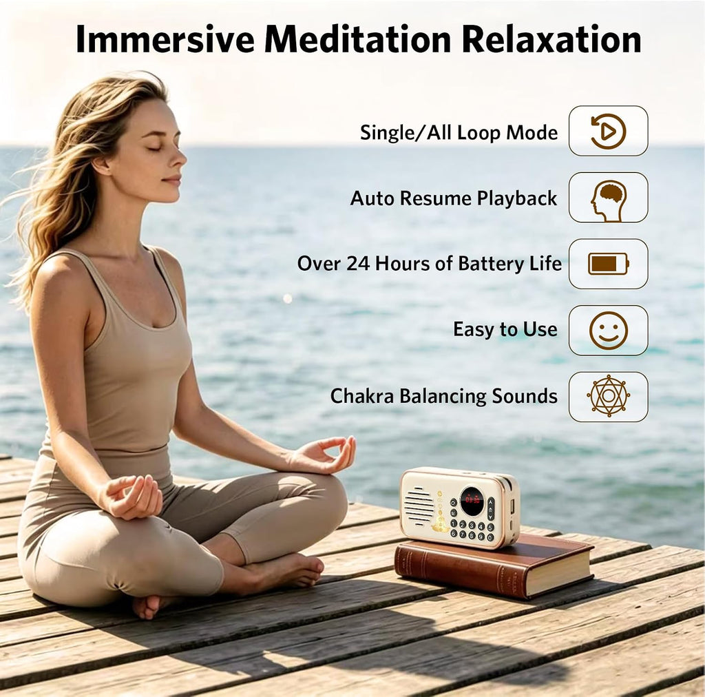 Portable Electronic Tibetan Meditation Singing Bowl Player Features 27 Chakra Meditation Sound Effects,Suitable for Yoga,Chakra Healing and Stress Relief,Best Gift Choice(White)
