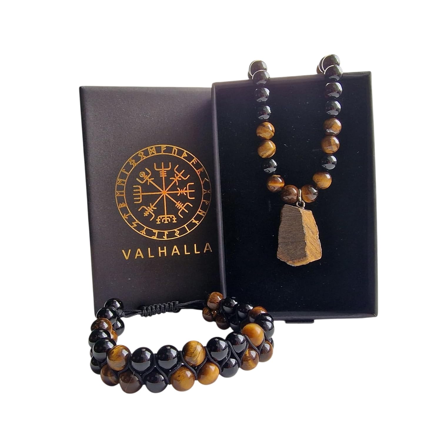 Natürlicher Kristall Schwarzer Obsidian Tigerauge Perlen Stein Halskette Armband Set Glücksamulett Anhänger Schutz Valentinstag Geschenke für Ihn