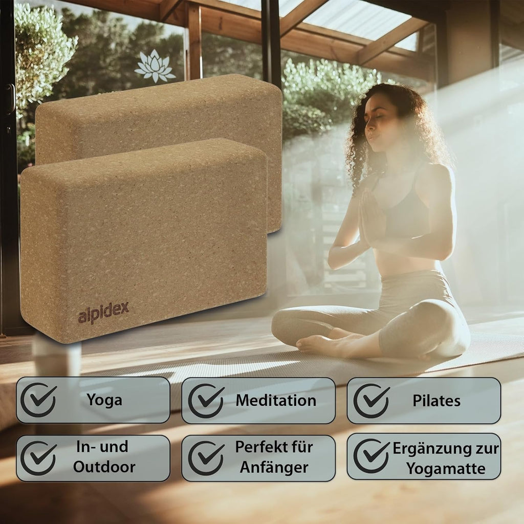 ALPIDEX Yogablock 2er oder 4er Set inkl. E-Book mit 100 Übungen Ökologisch Nachhaltig Naturkork aus Portugal Korkblock Yoga Pilates | 7 Jahre Garantie auf Material*