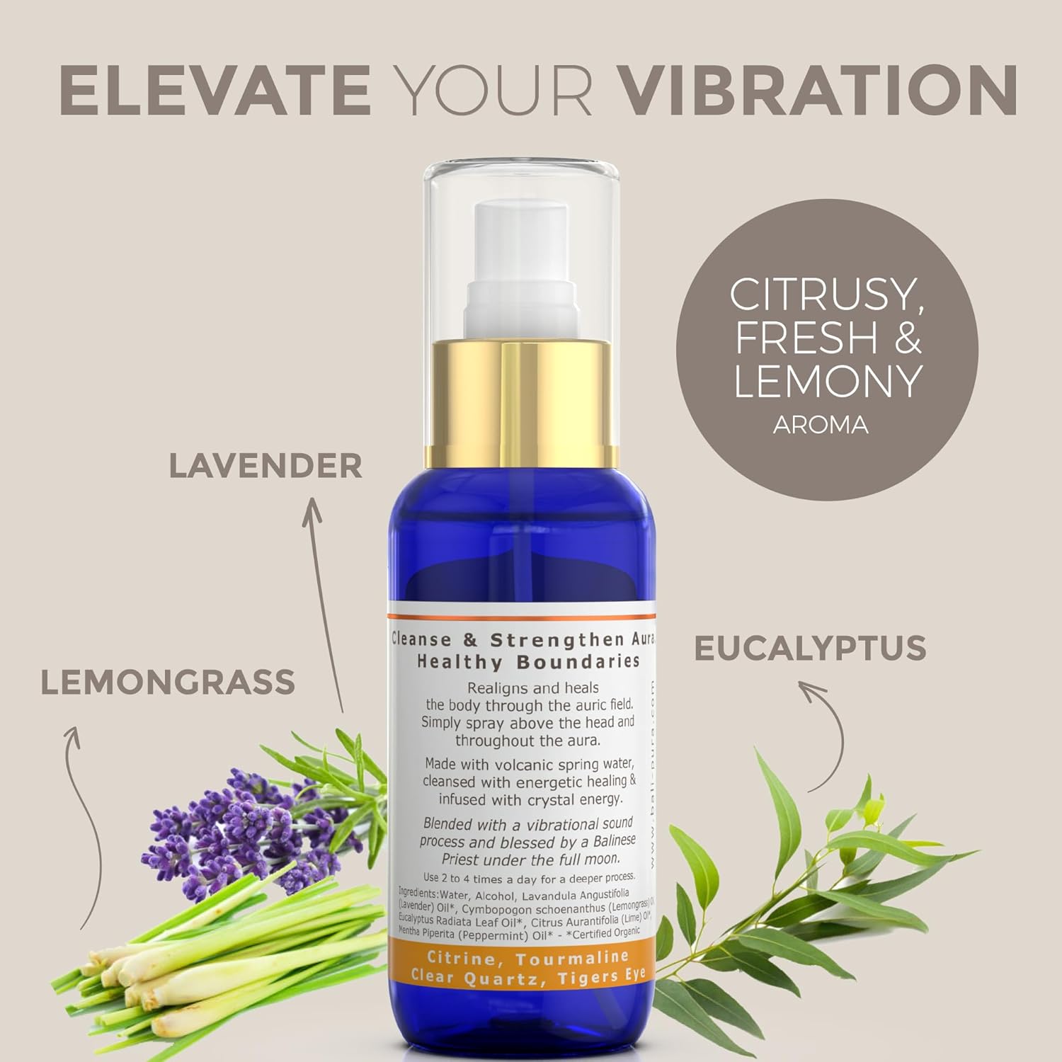 BALIPURA - Healing Crystals Auric Mixtures of Essential Oils of Lavender and Lemongrass, Black Tourmaline, Smoky Quartz and Citrine. "Protection" Aura Mist Handmade in Bali, 100 ml