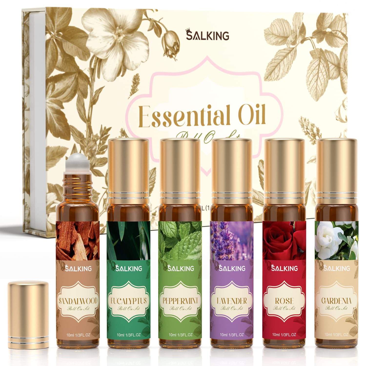 SALKING Aufrollen Ätherische Öle Set, Aromatherapie Blume Roll On Duftöl GeschenkSet, Duftöle für Diffuser Luftbefeuchter,6x10 ml Rose, Lavendel, Kirschblüte, Jasmin, Minze, Rosmarin
