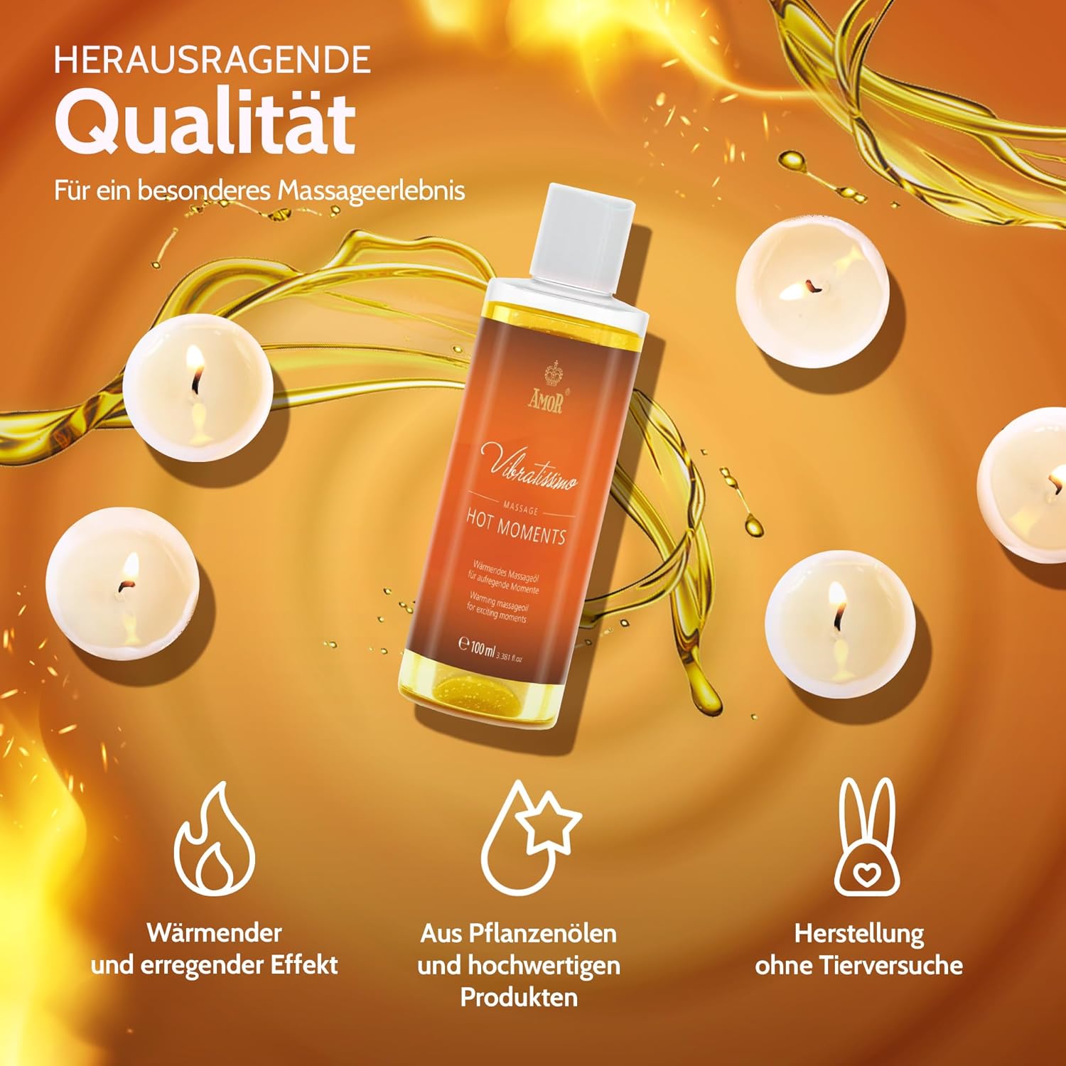Vibratissimo Hot Moments 100 ml Massageöl - Aufheizendes Massageerlebnis - Stimulierende Massageöle, Entspannung für Paare & Gleitöl, Liebesöl
