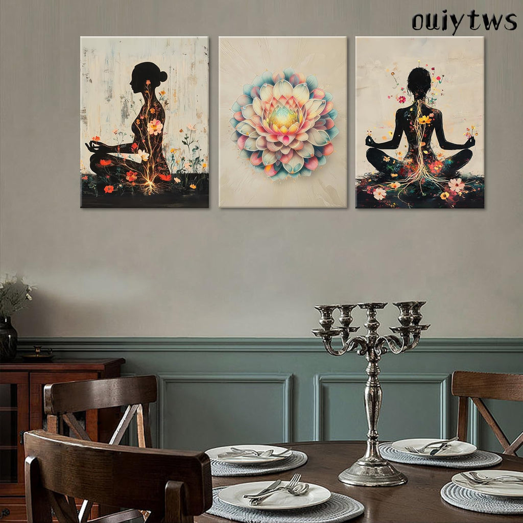 Yoga and Flower themed Meditation Wall Art Set of 3, Spiritual Meditation Women's Match with Flower and Lotus Patterns Canvas Poster Prints Painting,for Yoga Meditation Room,Bedroom,Framed 12X16in