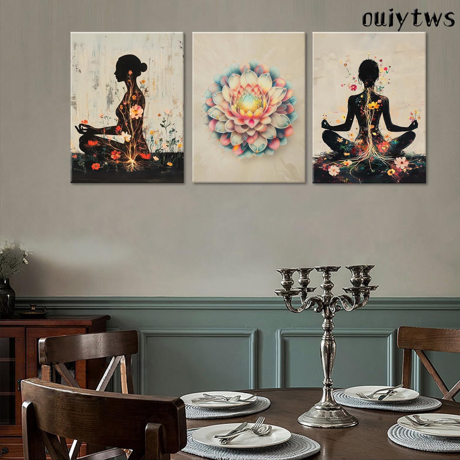 Yoga and Flower themed Meditation Wall Art Set of 3, Spiritual Meditation Women's Match with Flower and Lotus Patterns Canvas Poster Prints Painting,for Yoga Meditation Room,Bedroom,Framed 12X16in