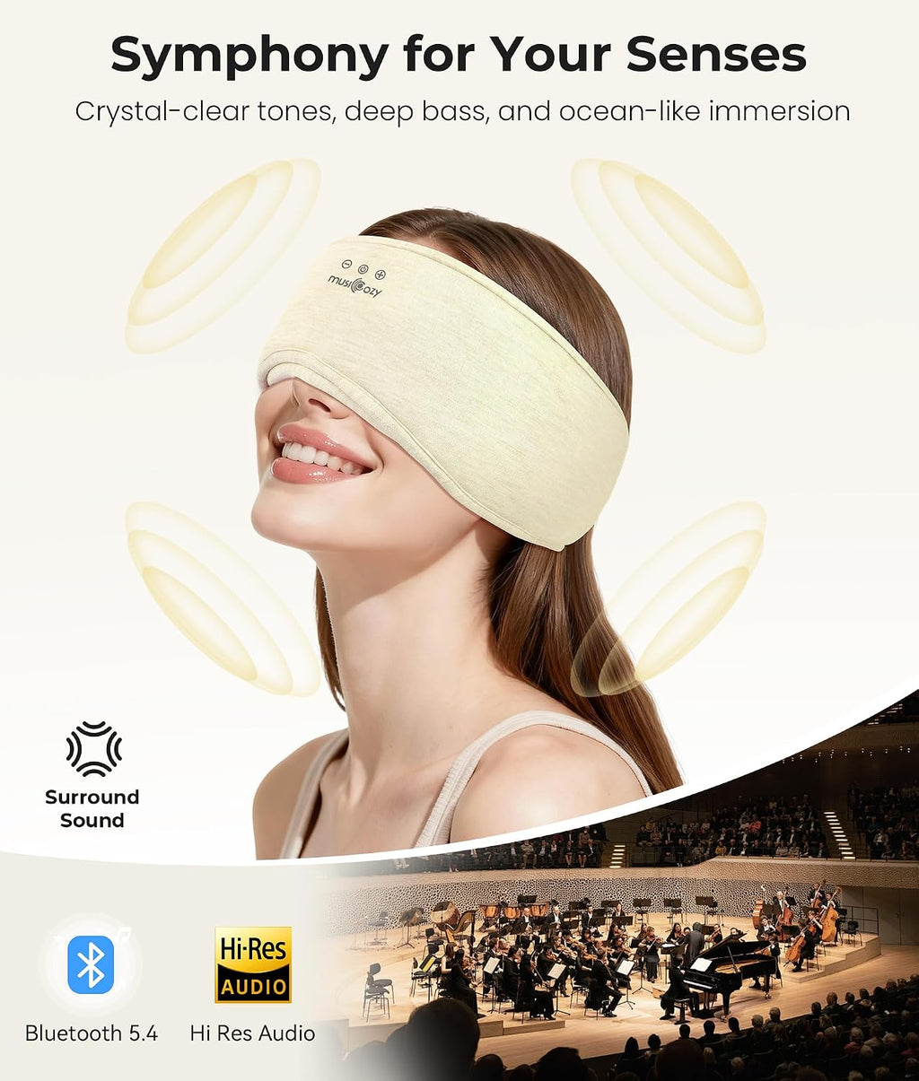 MUSICOZY Bluetooth 5.4 Sleep Mask Headphones, Seaweed Fiber Comfort Design | Fully Wrapped Design, 14-hour Playback, Immersive Sound for Side Sleepers, Travel, Meditation, Relaxation, Gift for Men Women